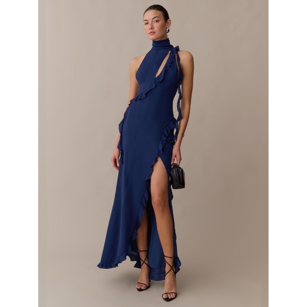 Kourt Navy Ruffle Halter Cutout Maxi Dress Open Back High Slit NWT Size S